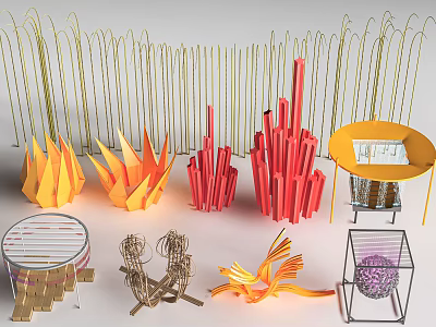 Vibrant Orange Red Sculptural Garden Ornaments with Geometric Shapes Woven Details and Metal Frames 3d model