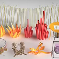 Vibrant Orange Red Sculptural Garden Ornaments with Geometric Shapes Woven Details and Metal Frames