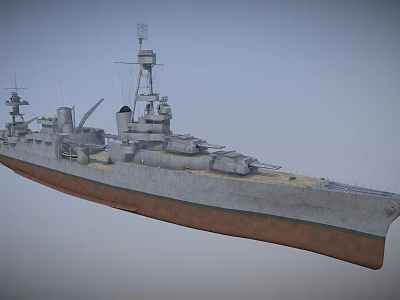 Large Gray Military Battleship with Turrets Mast and Deck on Water 3d model
