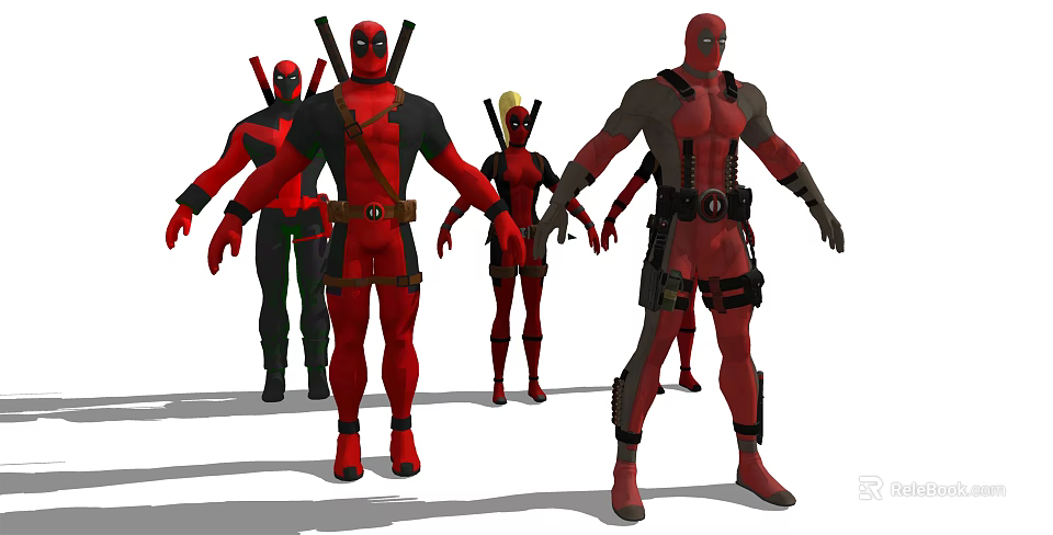 Red and Black Deadpool Action Figures with Swords and Various Poses 3d model 
