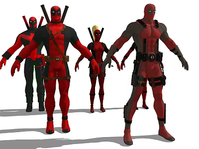 Red and Black Deadpool Action Figures with Swords and Various Poses 3d model
