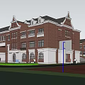 Red Brick University Building With Arched Windows Symmetrical Design Campus Square And Street Lamps