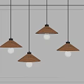 Four Wooden Shade Pendant Lights With Glass Globe Bulbs Hanging On White Wall