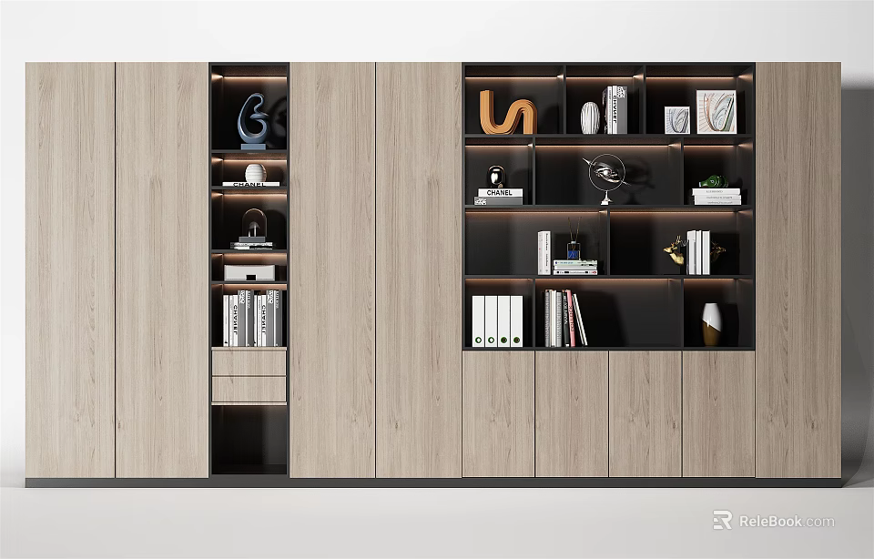 Modern Wooden Display Cabinet With Multiple Storage Shelves And Decorative Items 3d model 