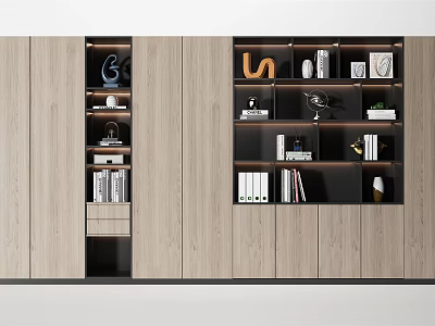 Modern Wooden Display Cabinet With Multiple Storage Shelves And Decorative Items 3d model