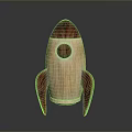 Wooden Rocket Shaped Decorative Figurine with Circular Window Red Accents and Stable Base Stand
