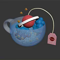 Colorful Teacup With Blue Liquid Red Ball Orange Pieces And Lips Teabag Tag