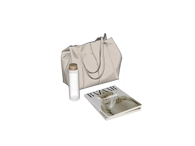 Modern Stylish Accessories Set with Beige Handbag Thermal Bottle and Magazine 3d model