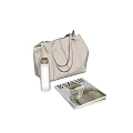 Modern Stylish Accessories Set with Beige Handbag Thermal Bottle and Magazine