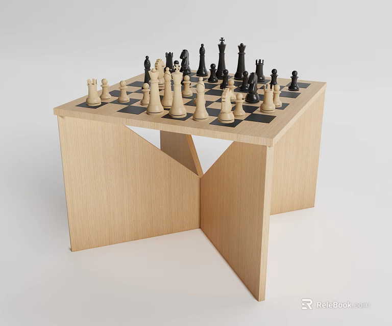 Wooden Chessboard Table With Neatly Arranged Chess Pieces On Black And White Squares 3d model 
