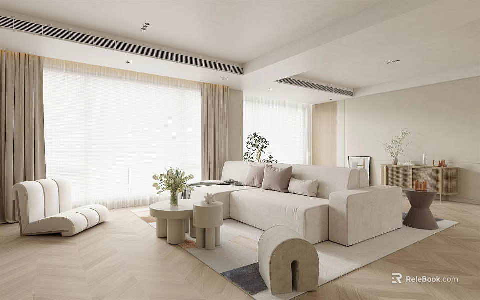 Modern Living Room Interior Design With Sofa Coffee Table Plants And Rug 3d model 