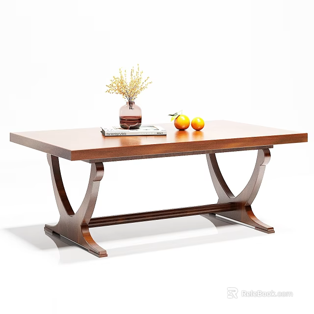 Brown Wooden Dining Table With Curved Legs Vase Dried Flowers Oranges And Book 3d model 