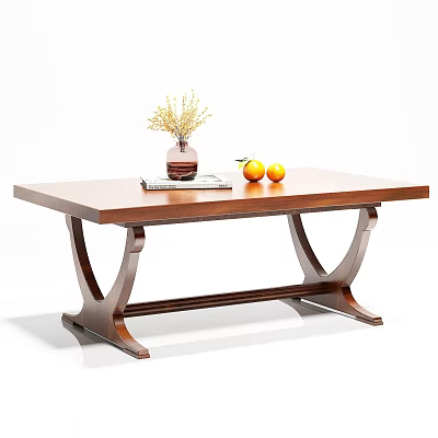 Brown Wooden Dining Table With Curved Legs Vase Dried Flowers Oranges And Book 3d model