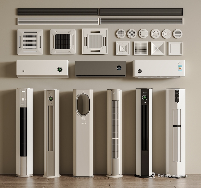Modern Air Conditioner Fans Including Wall Mounted Floor Standing And Grille Vents For Home Office Use 3d model 