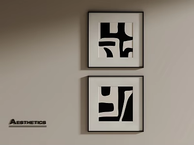 Abstract Paintings With Black And White Geometric Patterns Framed On Wall 3d model