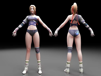 Woman 3D Model Front Back View With Short Outfit Arm Guards Knee Pads White Shoes 3d model