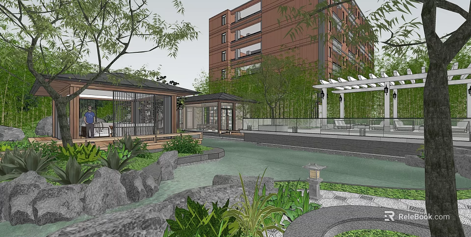 Modern Garden Landscape with Pond Rocks Green Plants Pavilion and Pergola near Building 3d model 