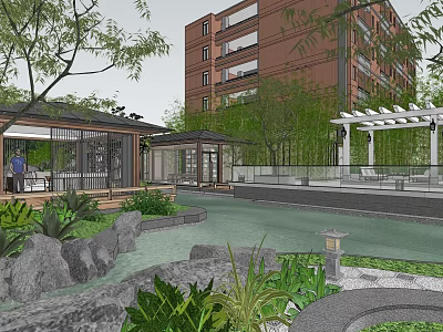 Modern Garden Landscape with Pond Rocks Green Plants Pavilion and Pergola near Building 3d model