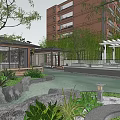 Modern Garden Landscape with Pond Rocks Green Plants Pavilion and Pergola near Building