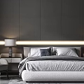 Modern Double Bed With Dark Gray Wall LED Light Strip And Gray Blue Pillows