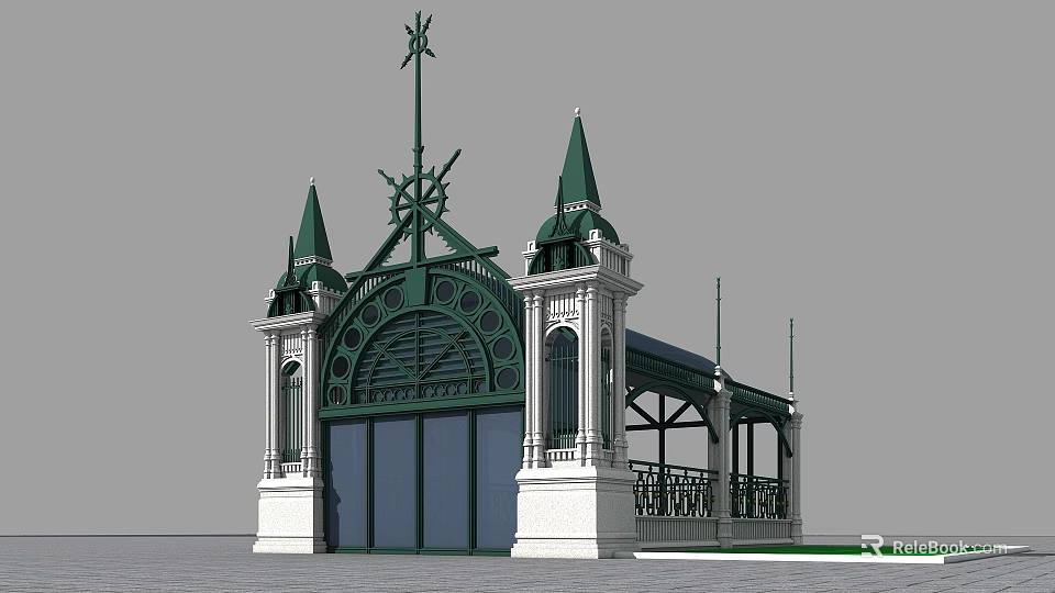 Ornate Pavilion Structure With Green Spires White Base And Arched Design 3d model