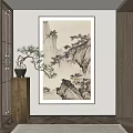 Chinese Landscape Painting Hanging In Room With Pine Tree And Wooden Cabinet Decor