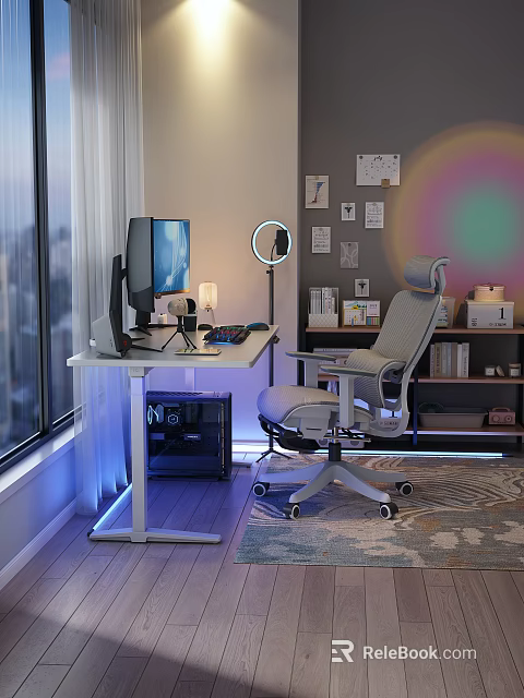 Ergonomic Modern Office Chair In Home Office Setup With Computer Desk Task Lamp And Wall Decor 3d model 