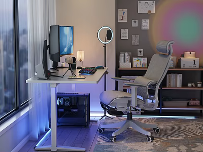 Ergonomic Modern Office Chair In Home Office Setup With Computer Desk Task Lamp And Wall Decor 3d model