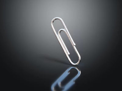 Shiny Silver Metallic Paperclip Standing On Black Background With Reflection 3d model