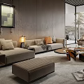 Modern Living Room Interior With Sectional Sofa Coffee Table Armchairs And Floor to Ceiling Windows