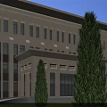 Modern Beige Office Building With Symmetrical Design Large Windows Front Entrance Lawn And Trees