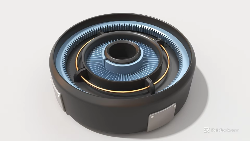 Circular Metallic Industrial Equipment with Gears and Illuminated Orange Rings 3d model 