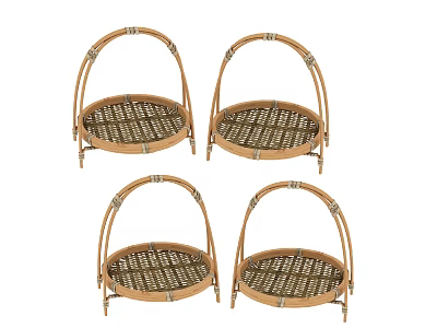 Four Round Bamboo Woven Handheld Storage Baskets For Daily Household Use 3d model