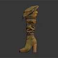Women's Brown Leather Knee High Boots with Ruffled Cuffs and Block Heel Design
