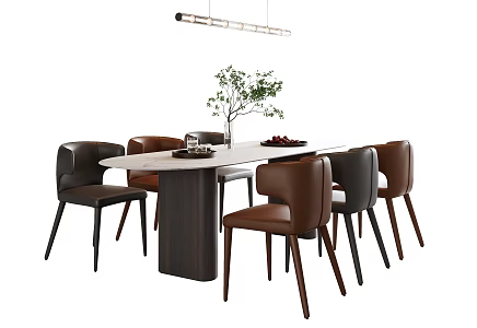 Modern Dining Table and Chair Combination Six-person Dining Table and Chair Dining Table Ornaments In-line Chandelier Restaurant Chandelier Leather Dining Chair Vase Plant Rock Plate Dining Table Cherry 3d model