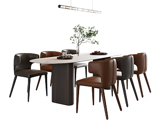 Modern Dining Table and Chair Combination Six-person Dining Table and Chair Dining Table Ornaments In-line Chandelier Restaurant Chandelier Leather Dining Chair Vase Plant Rock Plate Dining Table Cherry 3d model