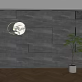 Contemporary Grey Panel Wall Design With Circular Decor Illuminated Lighting Green Plant And White Pot