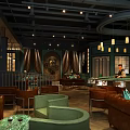 Elegant Bar Interior With Round Counter Chandeliers Green Walls And Seating Area