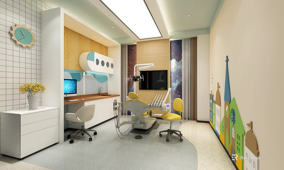Modern Dental Clinic Interior With Treatment Chair Yellow Chairs Wooden Elements And House Pattern Walls 3d model 