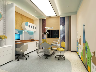 Modern Dental Clinic Interior With Treatment Chair Yellow Chairs Wooden Elements And House Pattern Walls 3d model