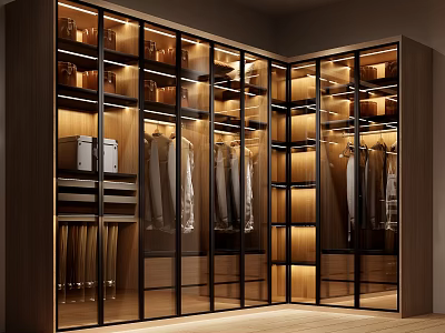 Modern Luxury Corner Walk In Wardrobe With Glass Doors And Built In Warm Lighting 3d model