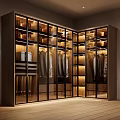 Modern Luxury Corner Walk In Wardrobe With Glass Doors And Built In Warm Lighting