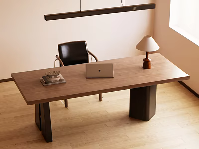 Modern Wooden Desk With Laptop Table Lamp Books And Black Chair In Natural Light 3d model