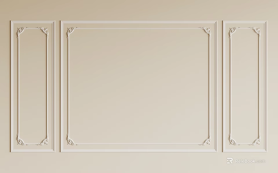 Decorative Lines Design On Beige Wall With Rectangular Ornate Frames Panels 3d model 