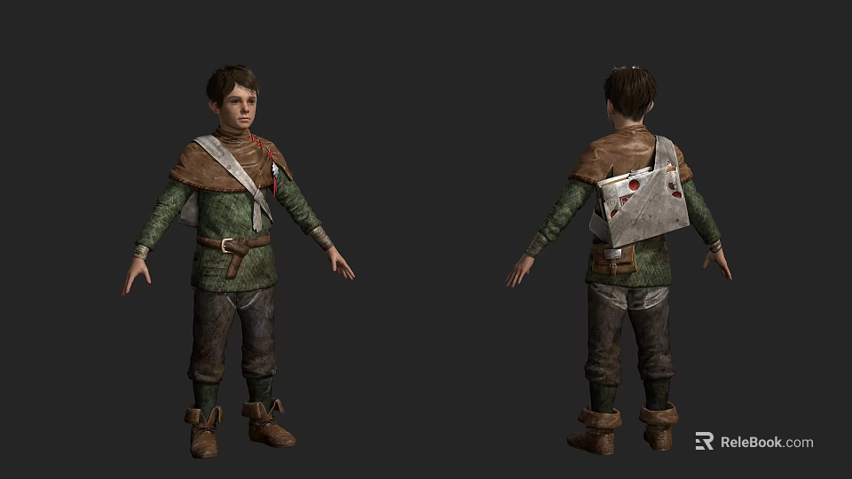 Man in Green Tunic Brown Shoulder Wrap Dark Pants Boots White Backpack Front Back View 3d model 