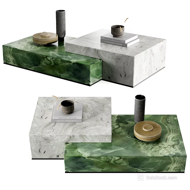 Stylish Green And White Marble Coffee Tables With Decorative Items On Top 3d model 