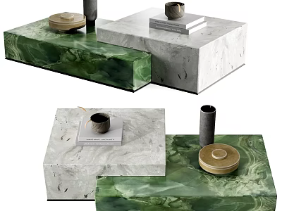 Stylish Green And White Marble Coffee Tables With Decorative Items On Top 3d model