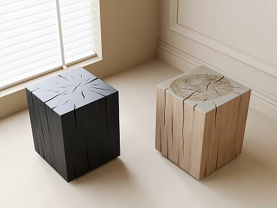 Two Modern Tree Stump Coffee Tables In Black And Wooden Design With Natural Texture 3d model