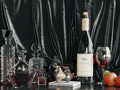 Elegant Wine Bottle And Glass With Crystal Decanter Metal Ornament And Apples On Black Velvet 3d model