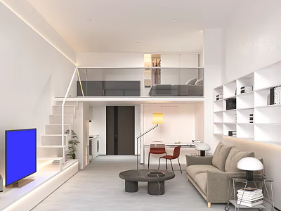 Modern Loft Apartment Living Room With Sofa TV And Bookshelves 3d model